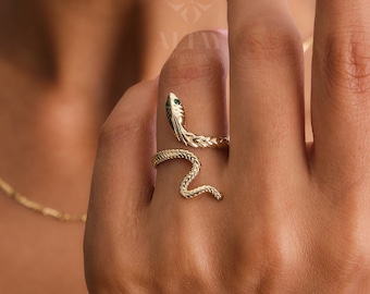 14K Gold Snake Ring, Wrap Snake Band, Circle Serpent Jewelry, Dainty Stacking Animal Rings, Snake Style Ring, Open Band Statement Wrap Ring