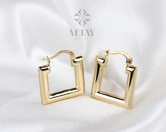 14K Gold Square Hoop Earring, Gold Geometric Huggie, Rectangle Hoop Huggie Earring, Minimal Everyday Huggie Earring, Stacking Hoop Huggie