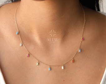 14K Gold Colorful Dangling Necklace, Multi Baguette Necklace, Italian Dangling Bead Choker, Colorful Gold Station Necklace, Gift For Her Him