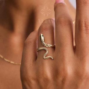 14K Gold Snake Ring, Wrap Snake Band, Circle Serpent Jewelry, Dainty Stacking Animal Rings, Snake Style Ring, Open Band Statement Wrap Ring