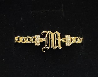 14K Gold Cuban Link Old English Initial Bracelet, 5mm Curb Letter Chain, Custom Gothic Style Name Bracelet, Personalized Gold Bracelet