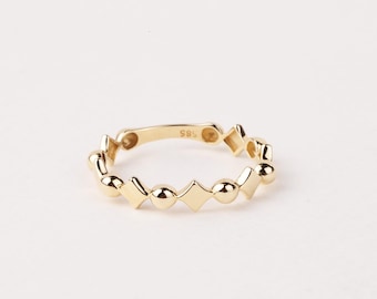 14K Gold Ball Ring, Beaded Knuckle Band, Tiny Square Bead Ring, Minimalist Stacking Ring, Round Bead Eternity Ring, Dainty Wedding Ring