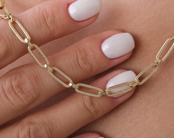 14K Gold Paperclip Chain Necklace, Textured Elongated Link Chain, Layering Statement Necklace, Gift for Her