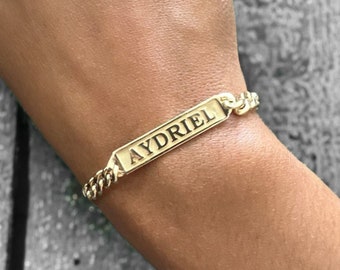 14K Gold Name Bracelet, Nameplate ID Bracelet, Personalized Chain Bracelet, Gold Custom Engraved Bracelet, Date Bracelet, Gift For Her Him