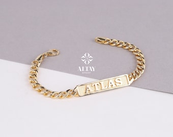 14K Gold ID Bracelet, Cuban Link Nameplate Bracelet, Custom Initial Engraved Bar, Custom Name Bracelet, Personalized Gift For Her Him