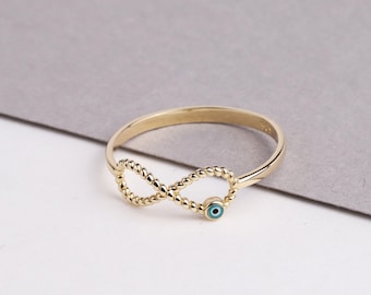 14K Gold Infinity Ring, Evil Eye Ring, Blue Eye, Luck Symbol Ring, Minimalist Jewelry, Dainty Ring, Stackable Ring, Gift For Her, DailyWear