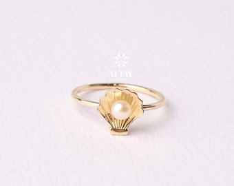 14K Gold Oyster Shell Ring, Seashell Pearl Ring, Nautical Symbol Ring,  Best Friends Gift, Good Luck ring, Valentines Unique Gift for Her