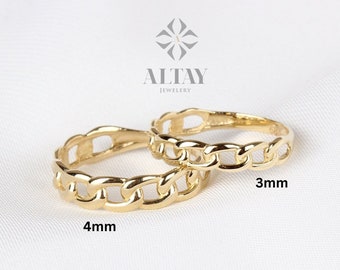 14K Gold Chain Ring, 3mm 4mm Oval Chain Band Ring, Dainty Stacking Ring, Chunky Chain Ring, Pointer Finger Gold Ring, Thick Chain Curb Ring
