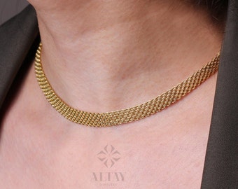 14K Gold Bismark Necklace, 4.4 mm Curb Chain Choker, Herringbone Stack Link Charm, Braided Bismarck Christmas Valentine's Day Gift For Her