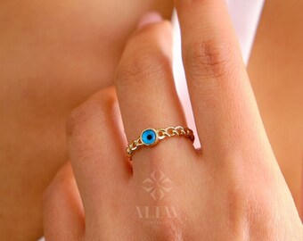 14K Gold Evil Eye Ring, Curb Chain Stacking Ring, Delicate Evil Eye Band, Minimalist Stackable Jewelry, Luck Charm, Protection, Gift for Her
