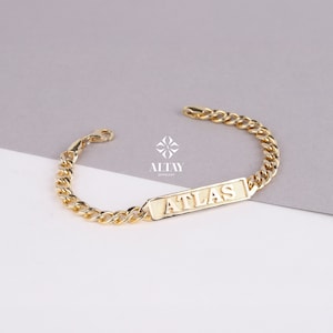 Pulsera de identificación de oro de 14 quilates, pulsera con placa de identificación de eslabones cubanos, barra grabada con inicial personalizada, pulsera con nombre personalizado, regalo personalizado para ella y él