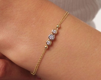 14K Gold Trio Bezel Diamond Bracelet, Three Stone Diamond Bracelet, Dainty Gold Bracelet,  Bracelets for Women, Memorial Day Sale