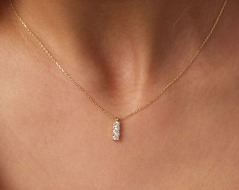 14K Gold Trio Cz Diamond Necklace, 3 Stone Necklace, Prong Set Pendant Necklace, Vertical Necklace, Bridesmaid Necklace, Bridal Gift