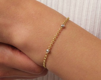 14K Gold Bead Chain Bracelet, Two Tone Balls Bracelet, Multi Balls Rolo Chain Bracelet, Minimalist Fashion Delicate Bracelet, Gift For Her