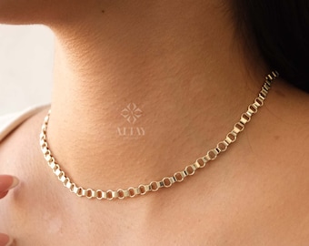 14K Gold Rolo Chain Necklace, 5mm Gold Link Belcher Chain Choker, Belt Link Charm Necklace, Minimal Delicate Round Necklace, Woman, Men