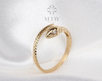 14K Gold Snake Ring, Snake Band, Open Serpent Jewelry, Dainty Stacking Animal Rings, Snake Style Ring, Open Band Gold Statement Wrap Ring