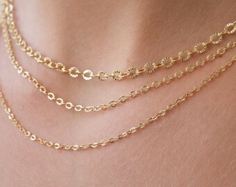 14K Gold Textured Oval Link Chain Necklace, 1.5mm 2.5mm 3.9mm Diamond Cut Cable Chain, Layering Necklace Gift for Her