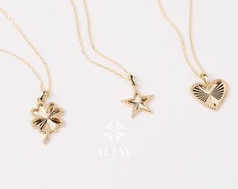 14K Gold Heart Star Clover Necklace, Mini Textured Heart Pendant, Sparkle Gold Star Charm, Small Clover Necklace, Love Pendant Necklace