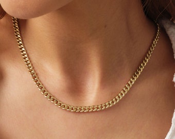 14K Gold Cuban Chain Necklace, 5mm Cuban Chain, Curb Chain Link Choker, Men Women Chain Necklace, Layering Gold Necklace, Gift for Her