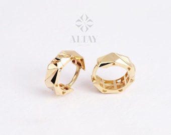 14K Gold Faceted Huggie Hoop Earrings, 12mm Hoop Earrings, Unique Geometric Earring, Sparkle Earrings, Glitter Huggie Earrings, Dainty Hoops