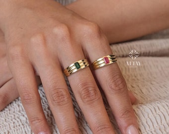 14K Gold Birthstone Ring, Emerald Gemstone Vintage Gold Stackable Ring, Dainty Gold Elegant Ring, Art Deco Wedding Band, Half Eternity