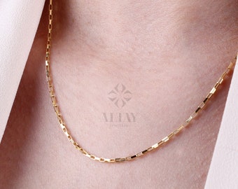 14K Gold Rectangle Box Chain Necklace, 1.35mm Tiny Link Gold Chain Choker, Gold Paperclip Venetian Box Chain, Layering Elongated Link