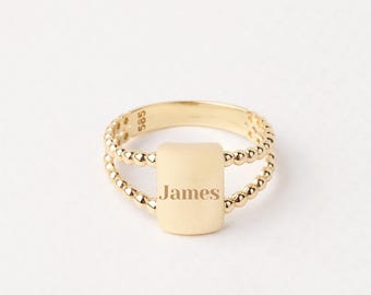 14K Gold Rectangle Name Ring, Plain Stacking Ring, Date Bar Nameplate, Stackable Knuckle, Custom Name Ring, Flower Engraved Personalized