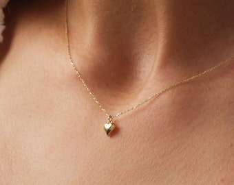 14K Gold Heart Necklace, Puffy Heart Necklace, Mini 3D Heart Pendant, Small Heart Real Gold Charm, Love Pendant Necklace, Gift For Wife