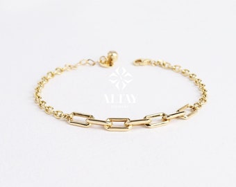 Bracciale a catena Rolo con graffetta in oro 14K, catena con graffetta rettangolare, collegamento ovale piatto spesso in oro, collegamento Rolo in oro rotondo, bracciale in oro da donna e uomo