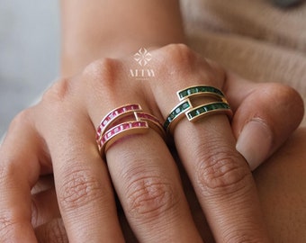 14K Gold Baguette Birthstone Ring, Birthstone Personalized Band Ring, Custom Gemstone Ring, Twisted Knuckle Band, Stacking Wedding Ring