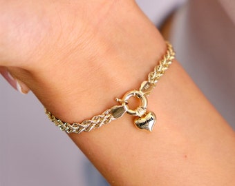 14K Gold Rope Chain Bracelet, 4.7mm Dainty Rope Bracelet, Personalized Heart Charm, Custom Engraved Heart Rope Bracelet, Name Bracelet