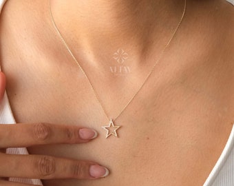 14K Gold Open Star Necklace, Small Star Pendant, Star Charm Choker, Celestial Necklace, Mini Star Necklace, Dainty Layering Necklace
