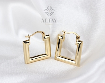 14K Gold Square Hoop Earring, Gold Geometric Huggie, Rectangle Hoop Huggie Earring, Minimal Everyday Huggie Earring, Stacking Hoop Huggie