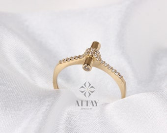 14K Gold Cylinder Bar Ring, Vertical Line Ring, Baguette T Bar, Rectangle Unique Ring, Stick Statement Ring, Stackable Band Ring