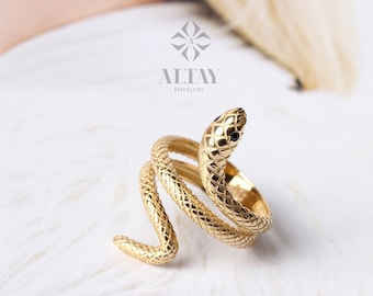 14K Gold Snake Ring, Wrap Snake Band, Circle Serpent Jewelry, Dainty Stacking Animal Rings, Snake Style Ring, Open Band Statement Wrap Ring
