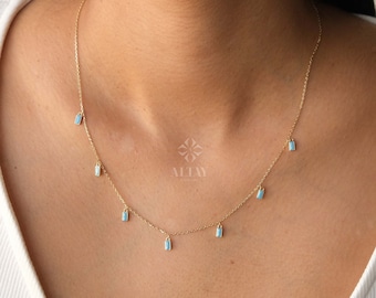 14K Gold Turquoise Dangling Necklace, Multi Baguette Necklace, Italian Dangling Bead Choker, Colorful Gold Station Necklace, Gift For Her