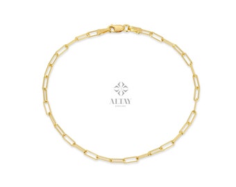 14K Gold Paperclip Chain Bracelet, 3mm Rectangle Long Chain, Chunky Chain Link Bracelet, Stacking Bracelets, Dainty Chain, Gift For Her