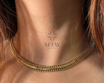 14K Gold Double Curb Chain Necklace, 8mm Vienna Chain Choker, Dailywear Jewelery, Armoured Chain, Minimal Fine Charm Jewelry, Gift For Her