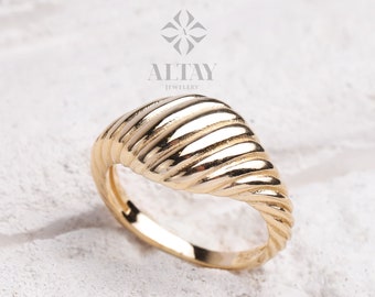 14K Solid Gold Croissant Ring, Twisted Dome Band, Chunky Gold Women Ring, Bold Statement Ring, French Croissant Ring, Ribbed Pinky Ring