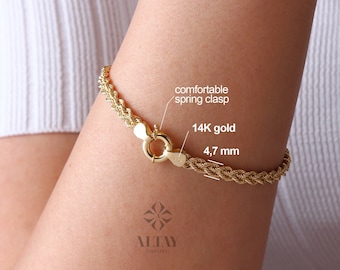 14K Solid Gold Rope Chain Bracelet, 4.7mm Dainty Rope Bracelet, Unisex Braided Bracelet, Twist Chunky Chain, Stacking Fashion Delicate