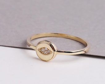 14K Gold Evil Eye Ring, Tiny Evil Eye Ring, Round Eye Ring, Simple Protection Ring, Good Luck Engagement Ring, Gold Pinky Religious Ring