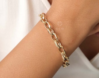 14K Gold Paperclip Rolo Chain Bracelet, Oval Rectangle Paper Clip Chain, Gold Thick Flat Oval Link, Woman Man Gold Bracelet, Rolo Gold Link