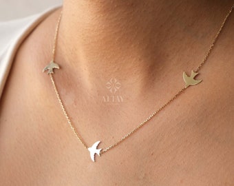 14K Gold Bird Necklace, Three Birds Necklace, Swallows Charm Necklace, Personalized Graduation Gift, Petite Station Chain Choker Necklace