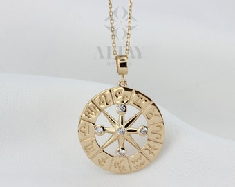 14K Gold Zodiac Compass Necklace, Horoscope Sign Coin Pendant, Medallion Zodiac Charm, Layered Birthstone Necklace, Celestial Jewelry, Gift