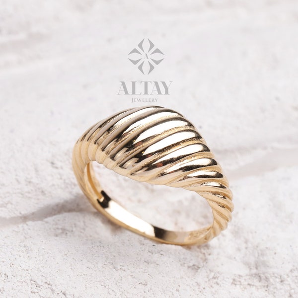 14K Solid Gold Croissant Ring, Twisted Dome Band, Chunky Gold Women Ring, Bold Statement Ring, French Croissant Ring, Ribbed Pinky Ring