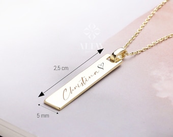 14K Gold Bar Necklace, Custom Bar Necklace, Personalized Name Pendant, Family Name Plate Choker, Coordinates Necklace, Engrave Letter Number