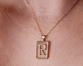 14K Gold Initial Necklace, Gold Letter Necklace, Square Lined Letter, Personalized Custom Necklace, Medallion Necklace, Gift For Her Him