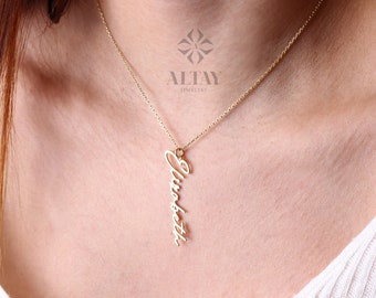 14K Gold Vertical Name Necklace, Cursive Name Necklace, Gold Signature Necklace, Custom Name Necklace, Tiny Nameplate Necklace for Women