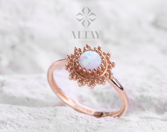 14K Gold Opal Ring, October Birthstone Ring, White Opal Stone, Round Cut Opal Ring, Mothers Day Gift, Gemstone Band, Engagement Ring