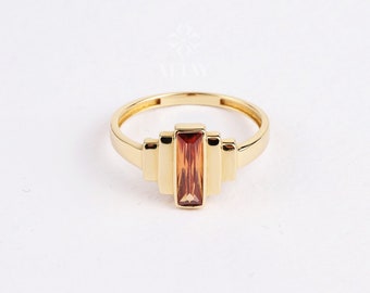14K Gold Citrine Baguette Ring, Engagement Band Ring, Natural Gemstone, November Birthstone, Anniversary Ring, Stacking Gold Ring